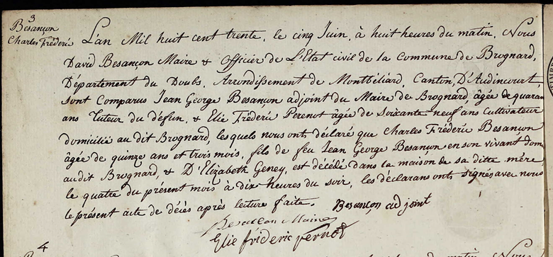 Death Registry for Charles Frederic Besancon of Brognard, France (1815-1830)