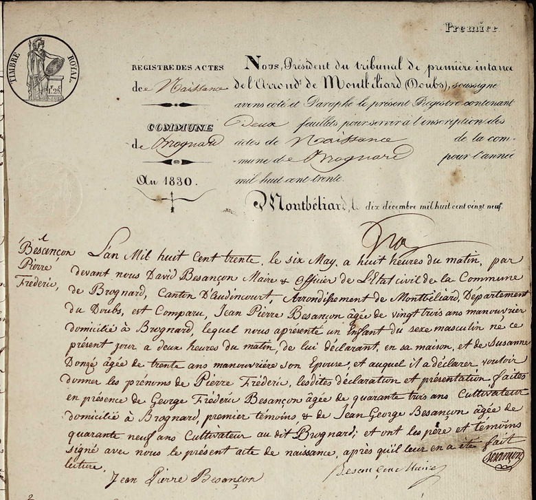 Birth Registry for Pierre Frederic Besancon in Brognard, Montbeliard, France, on 6 May 1830.